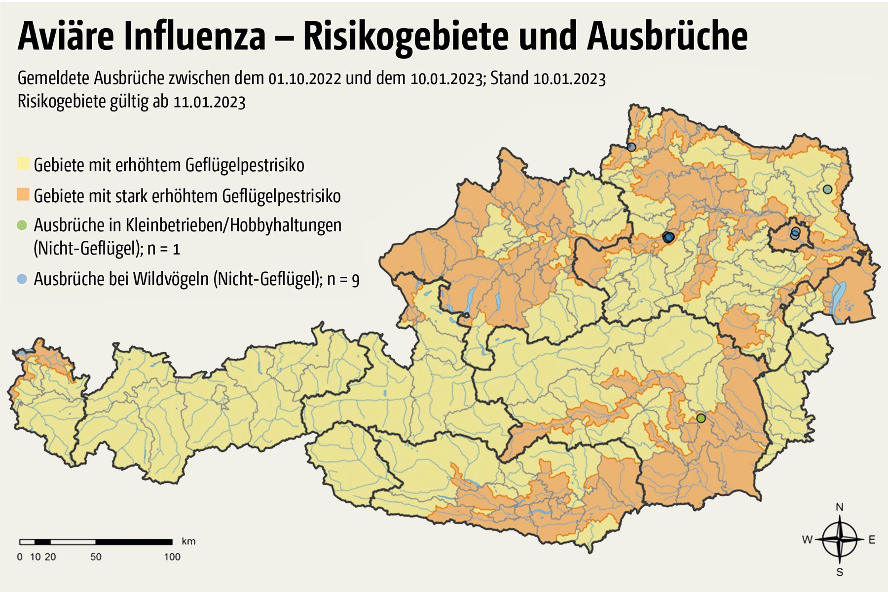 Aktuelle Risikogebiete und Ausbrüche von Vogelgrippe in Österreich, Stand 10.01.2023.